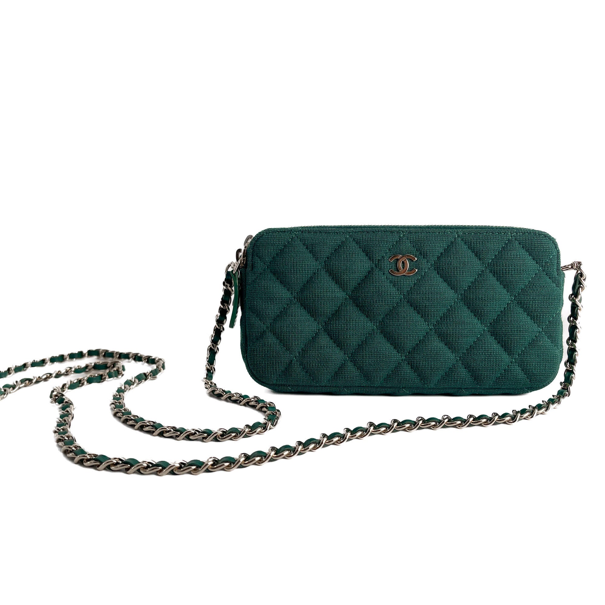 Second hand Chanel Phone Holder Mini Fabric Quilted Clutch Green - Tabita Bags