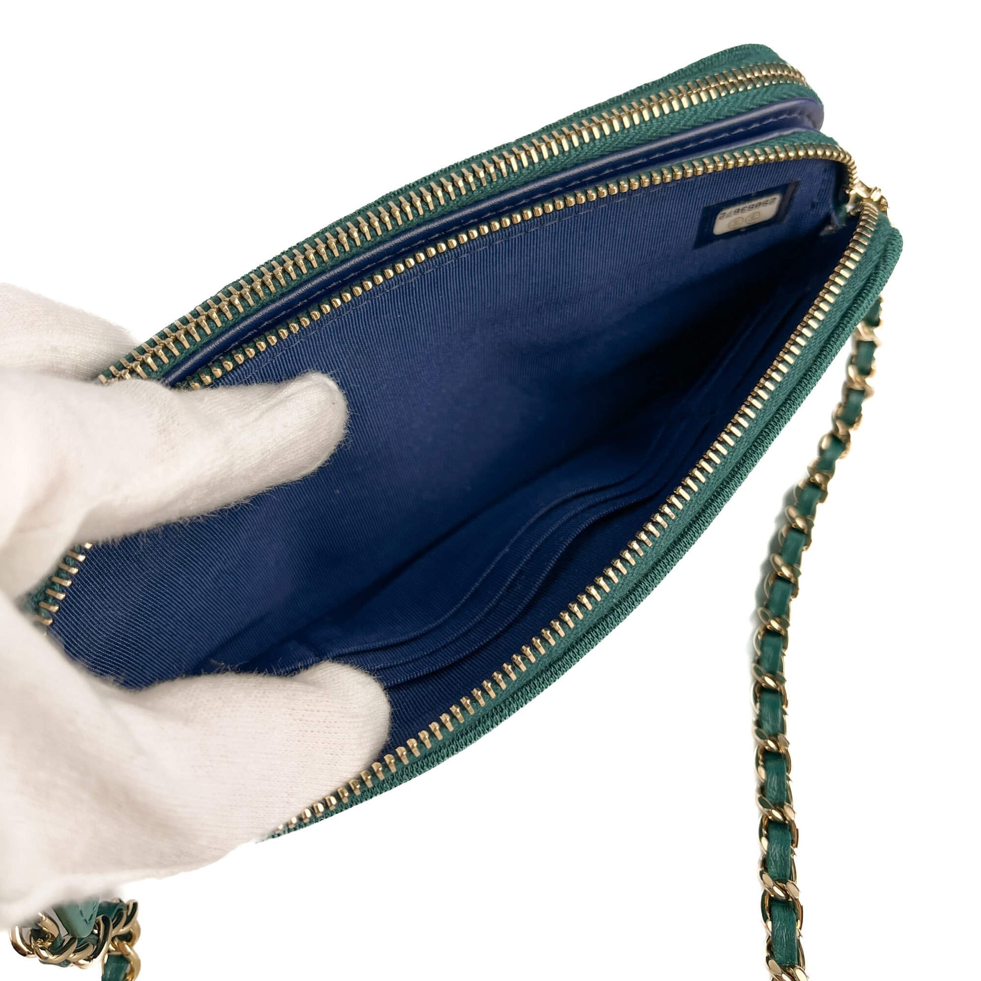 Second hand Chanel Phone Holder Mini Fabric Quilted Clutch Green - Tabita Bags