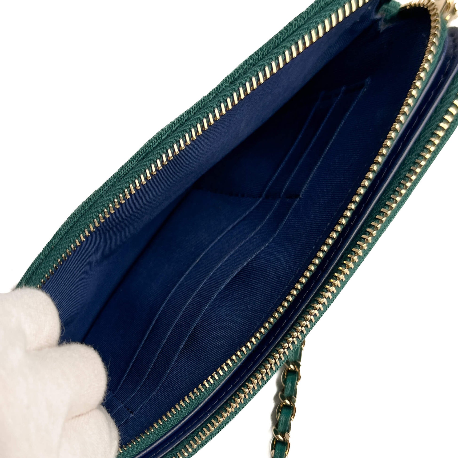 Second hand Chanel Phone Holder Mini Fabric Quilted Clutch Green - Tabita Bags