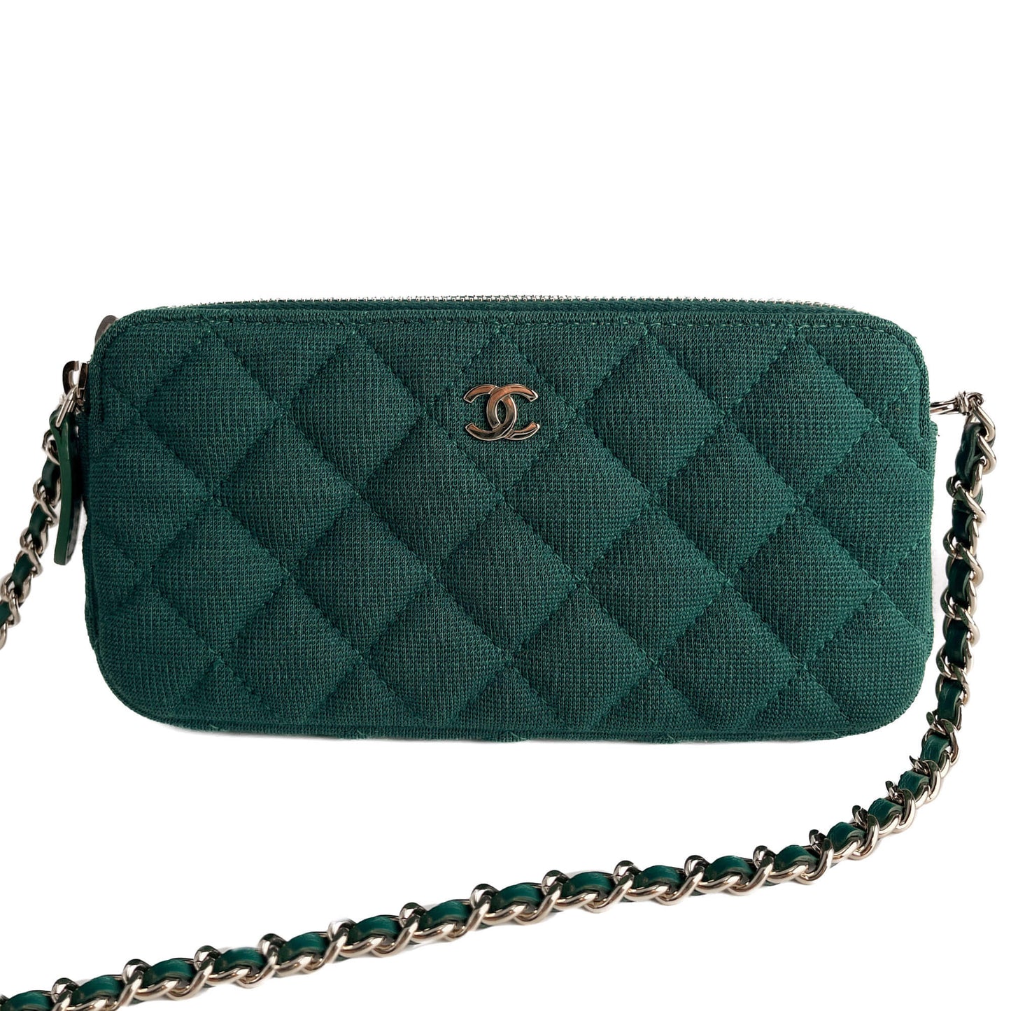 Second hand Chanel Phone Holder Mini Fabric Quilted Clutch Green - Tabita Bags