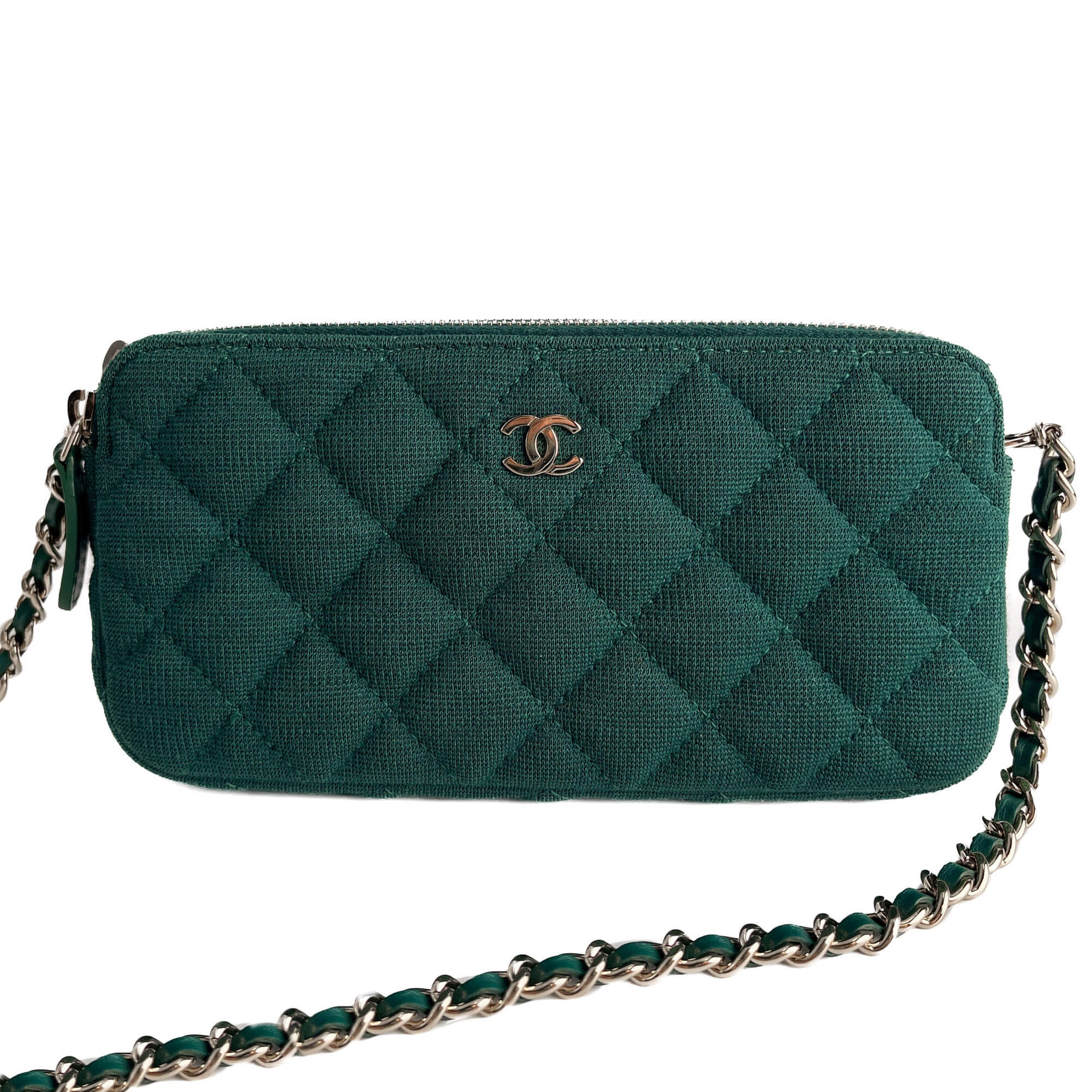 Second hand Chanel Phone Holder Mini Fabric Quilted Clutch Green - Tabita Bags