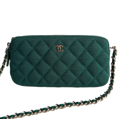 Second hand Chanel Phone Holder Mini Fabric Quilted Clutch Green - Tabita Bags