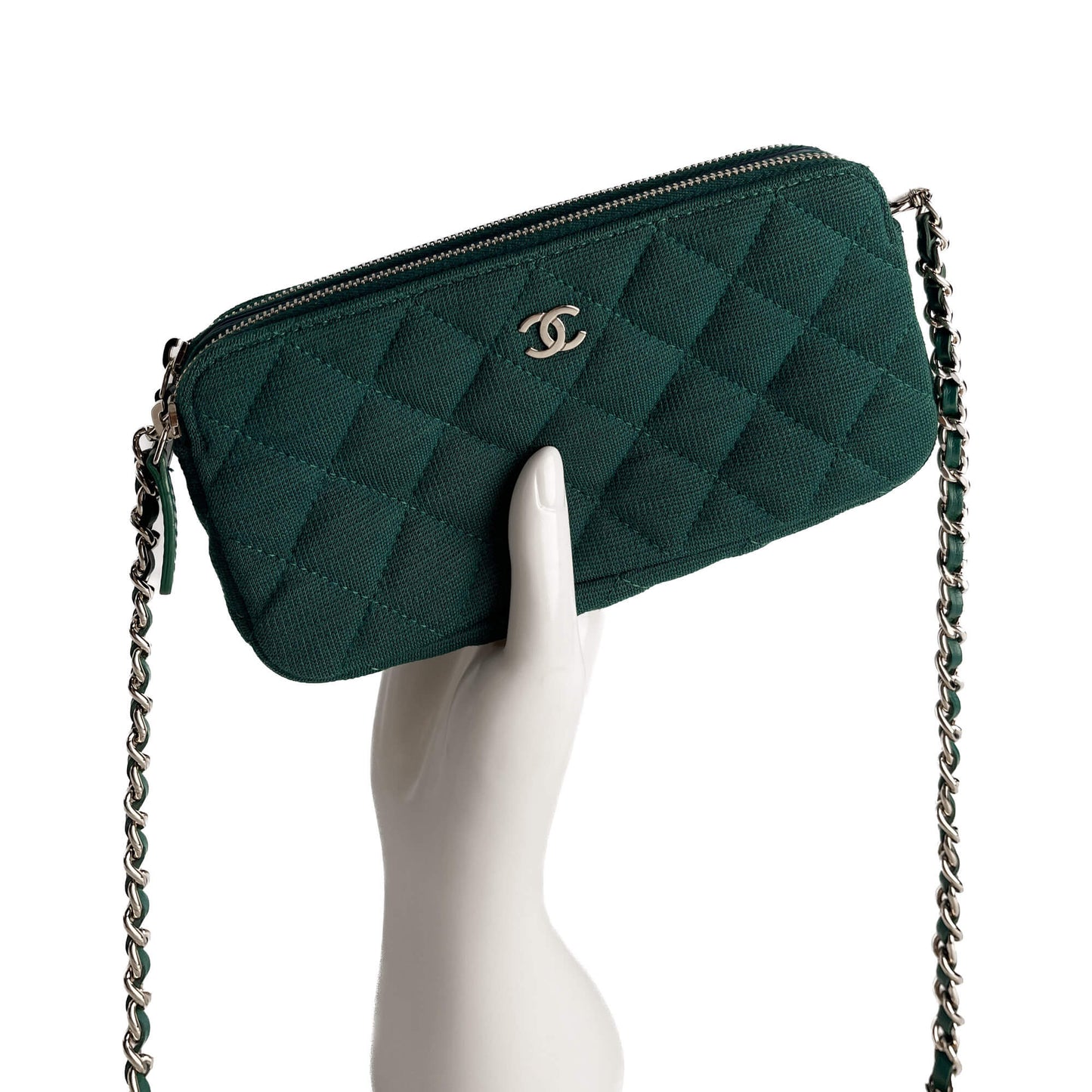 Second hand Chanel Phone Holder Mini Fabric Quilted Clutch Green - Tabita Bags