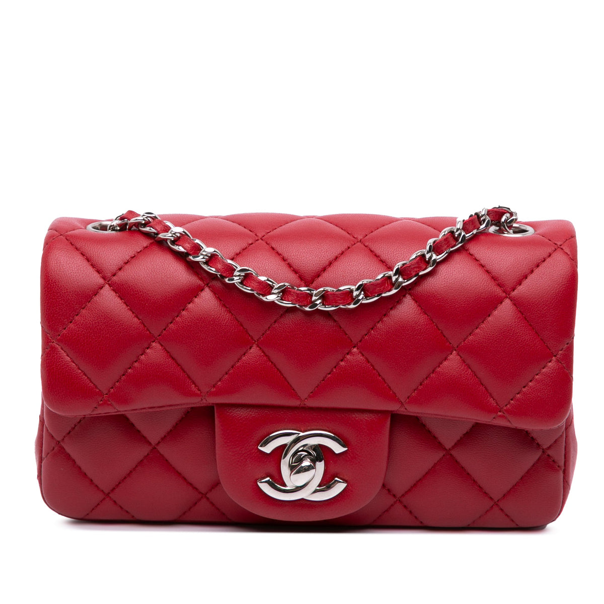 Second hand Chanel Rectangular Classic Single Flap Extra Mini Lambskin Leather Matelassè Shoulder Bag Red - Tabita Bags