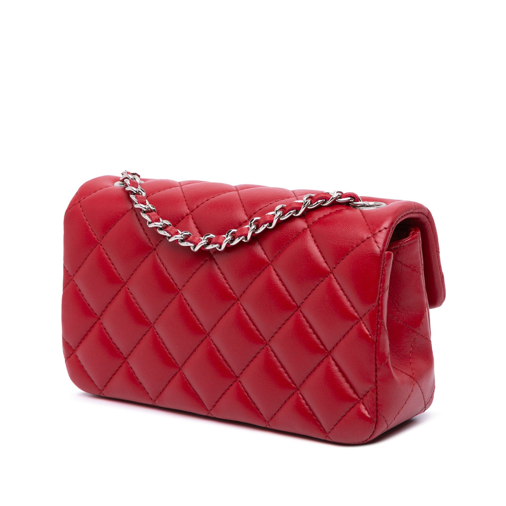 Second hand Chanel Rectangular Classic Single Flap Extra Mini Lambskin Leather Matelassè Shoulder Bag Red - Tabita Bags
