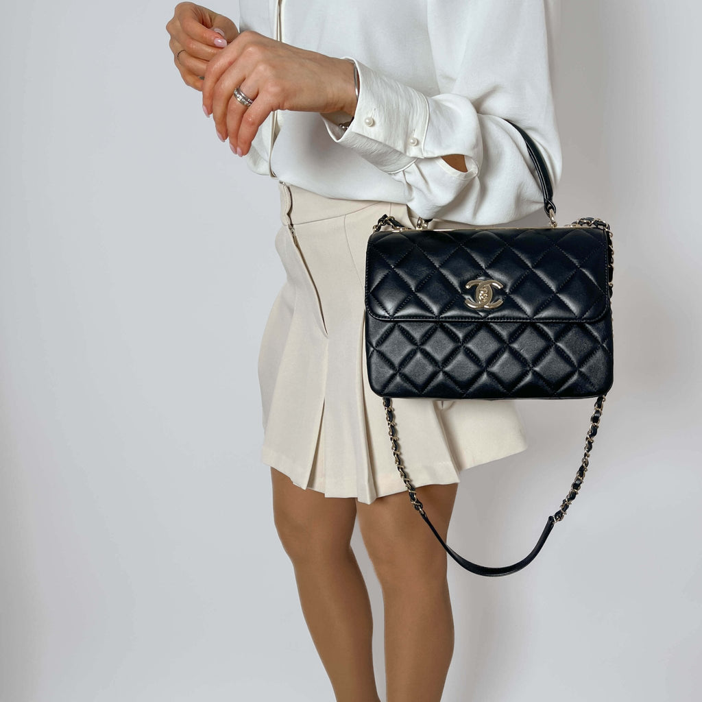 Second hand Chanel Trendy CC Medium Lambskin Leather 2 - Ways Top - handle Shoulder Bag Black - Tabita Bags