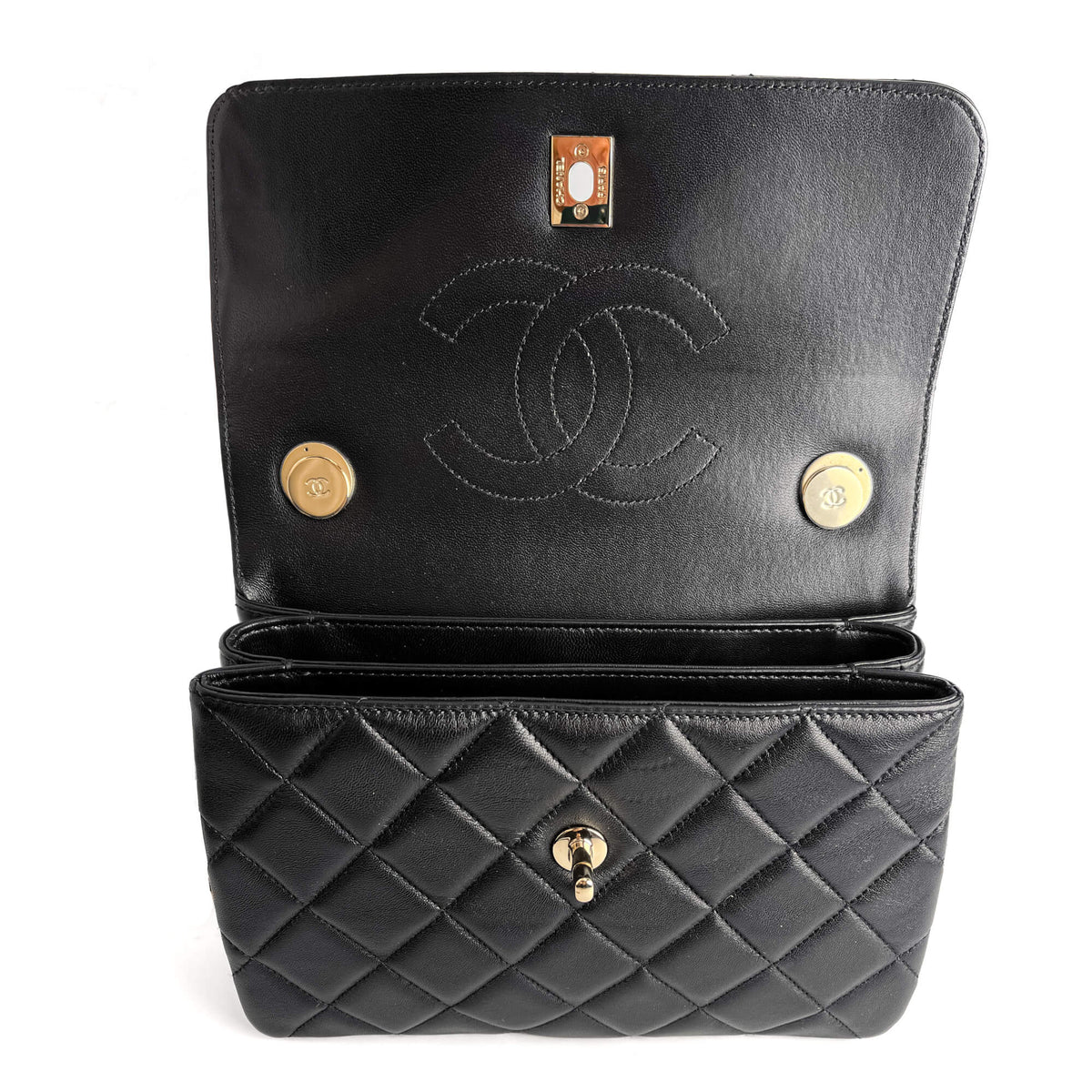 Second hand Chanel Trendy CC Medium Lambskin Leather 2 - Ways Top - handle Shoulder Bag Black - Tabita Bags