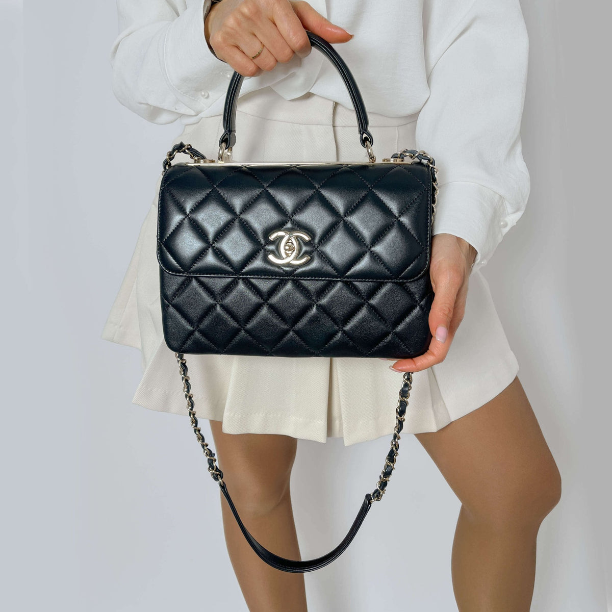 Second hand Chanel Trendy CC Medium Lambskin Leather 2 - Ways Top - handle Shoulder Bag Black - Tabita Bags