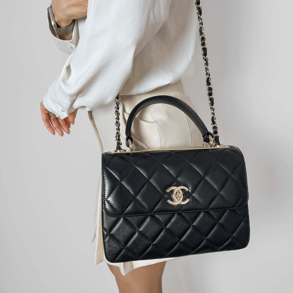 Second hand Chanel Trendy CC Medium Lambskin Leather 2 - Ways Top - handle Shoulder Bag Black - Tabita Bags
