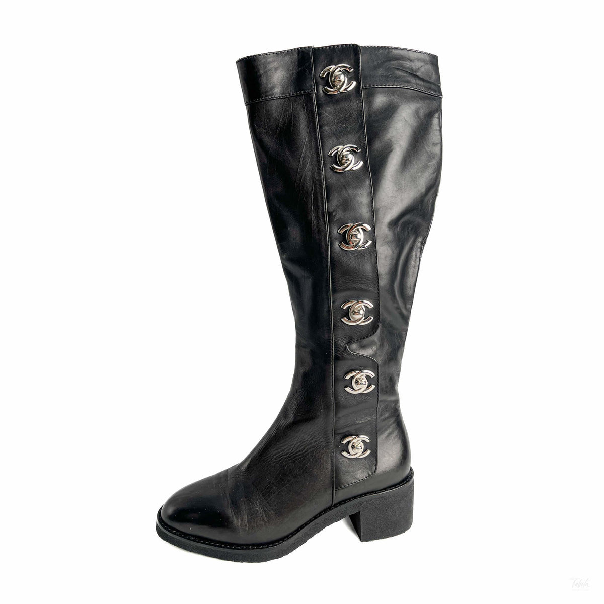Second hand Chanel Turnlock Leather Flat Boots 39 Black - Tabita Bags