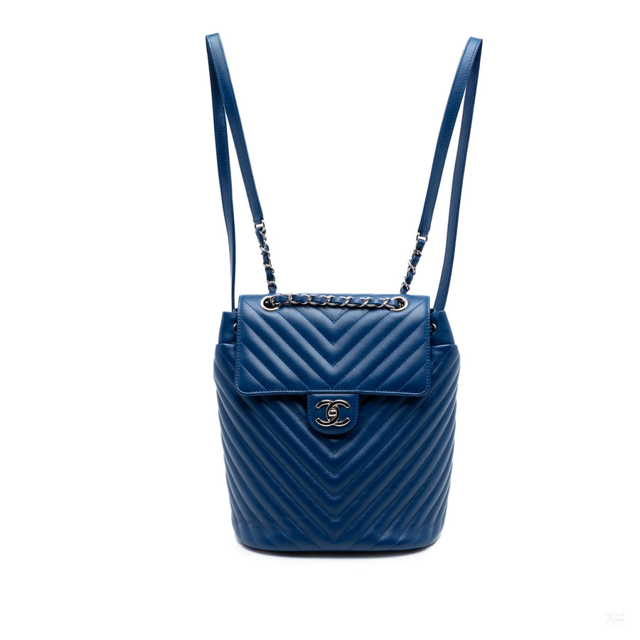 Second hand Chanel Urban Spirit Calfskin Leather Chevron Bucket Backpack Blue - Tabita Bags