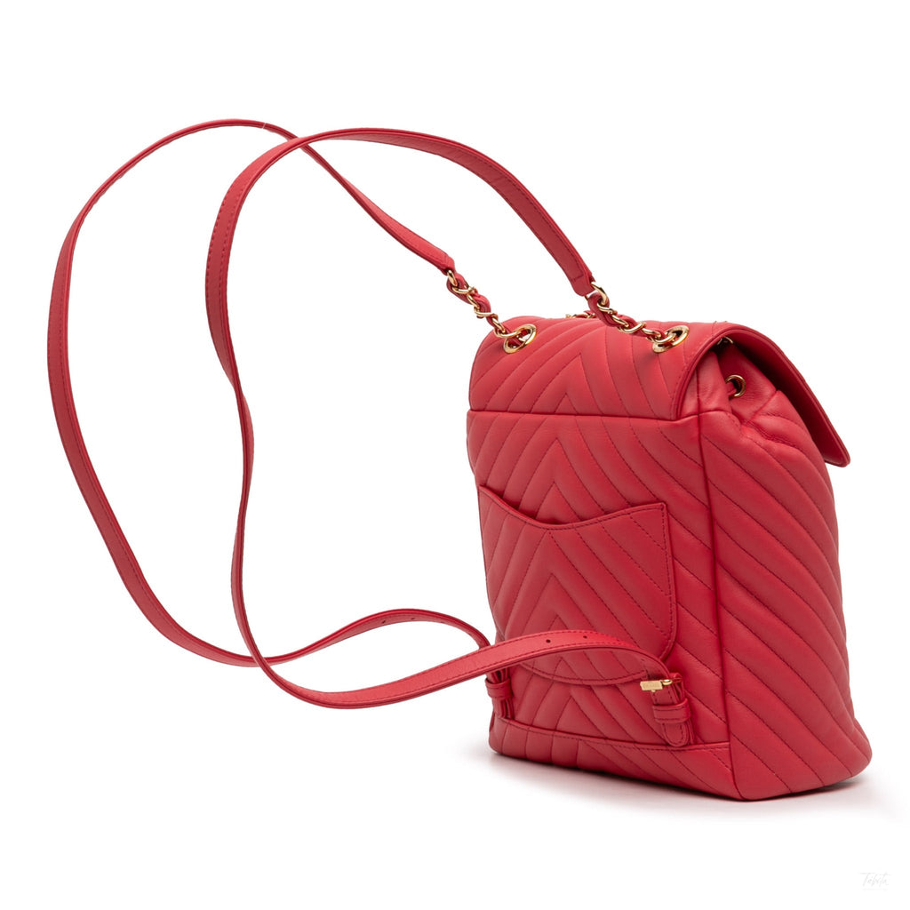 Second hand Chanel Urban Spirit Calfskin Leather Chevron Bucket Backpack Red - Tabita Bags