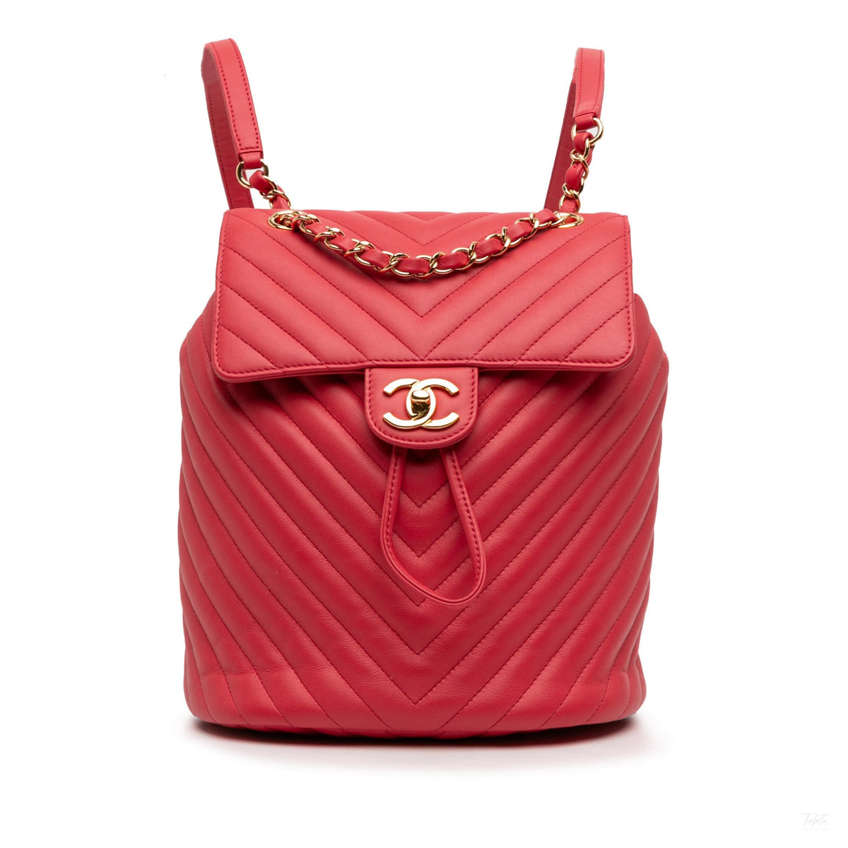 Second hand Chanel Urban Spirit Calfskin Leather Chevron Bucket Backpack Red - Tabita Bags