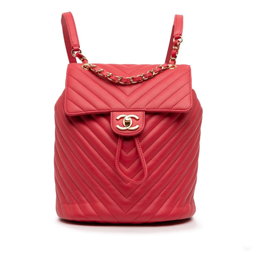 Second hand Chanel Urban Spirit Calfskin Leather Chevron Bucket Backpack Red - Tabita Bags