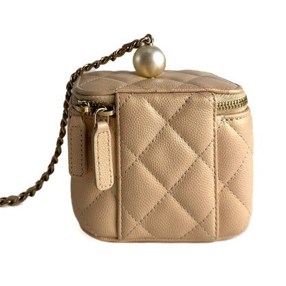 Second hand Chanel Vanity Case Mini Caviar Leather Pearl Charm Quilted Handbag Champagne Gold - tone - Tabita Bags