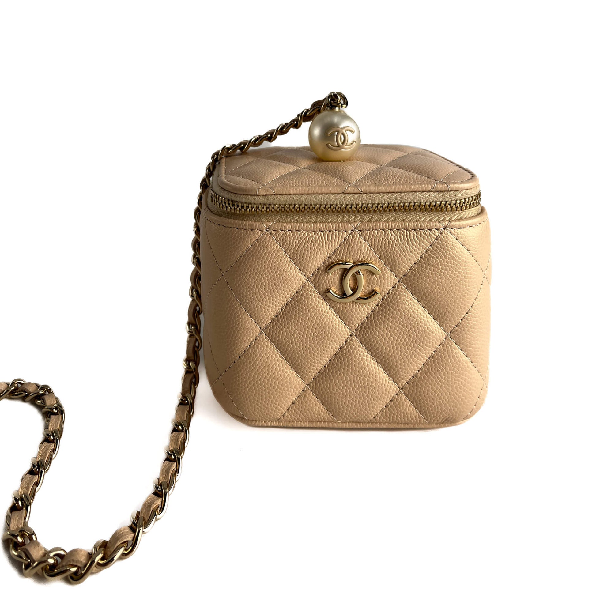 Second hand Chanel Vanity Case Mini Caviar Leather Pearl Charm Quilted Handbag Champagne Gold - tone - Tabita Bags