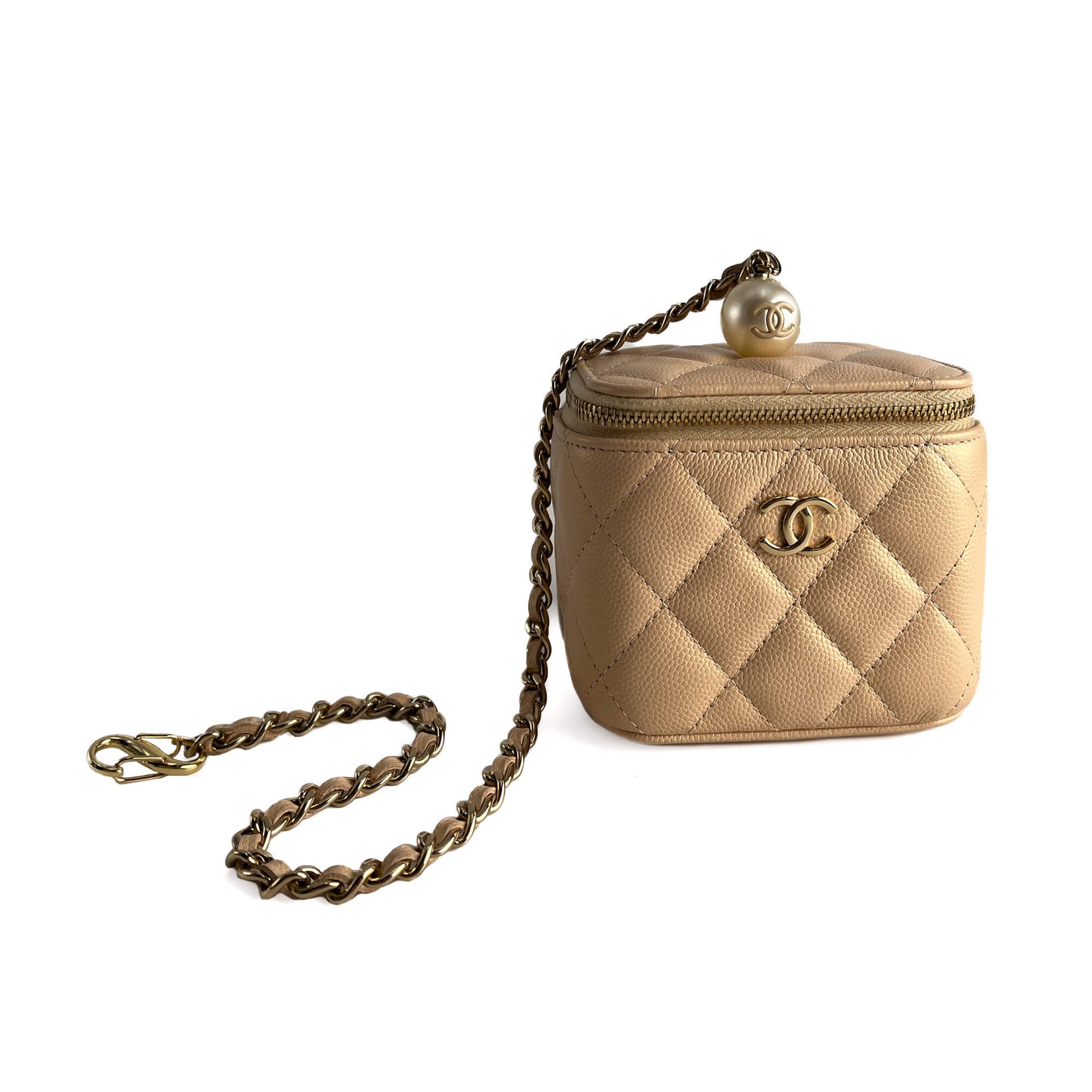 Second hand Chanel Vanity Case Mini Caviar Leather Pearl Charm Quilted Handbag Champagne Gold - tone - Tabita Bags