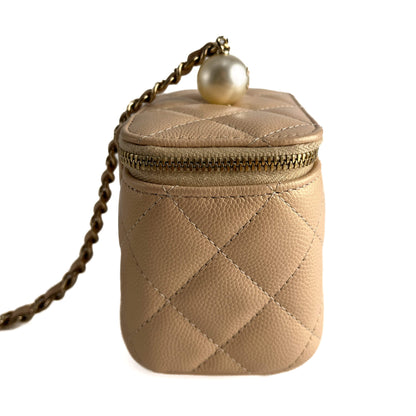 Second hand Chanel Vanity Case Mini Caviar Leather Pearl Charm Quilted Handbag Champagne Gold - tone - Tabita Bags