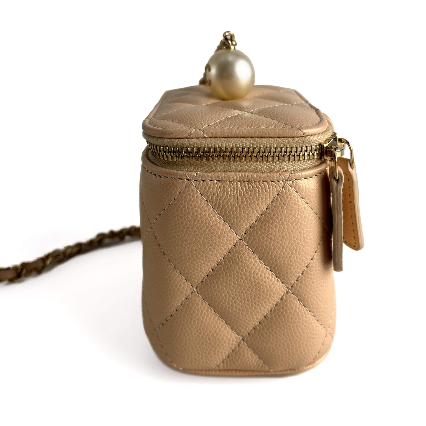 Second hand Chanel Vanity Case Mini Caviar Leather Pearl Charm Quilted Handbag Champagne Gold - tone - Tabita Bags