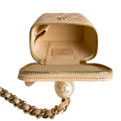 Second hand Chanel Vanity Case Mini Caviar Leather Pearl Charm Quilted Handbag Champagne Gold - tone - Tabita Bags