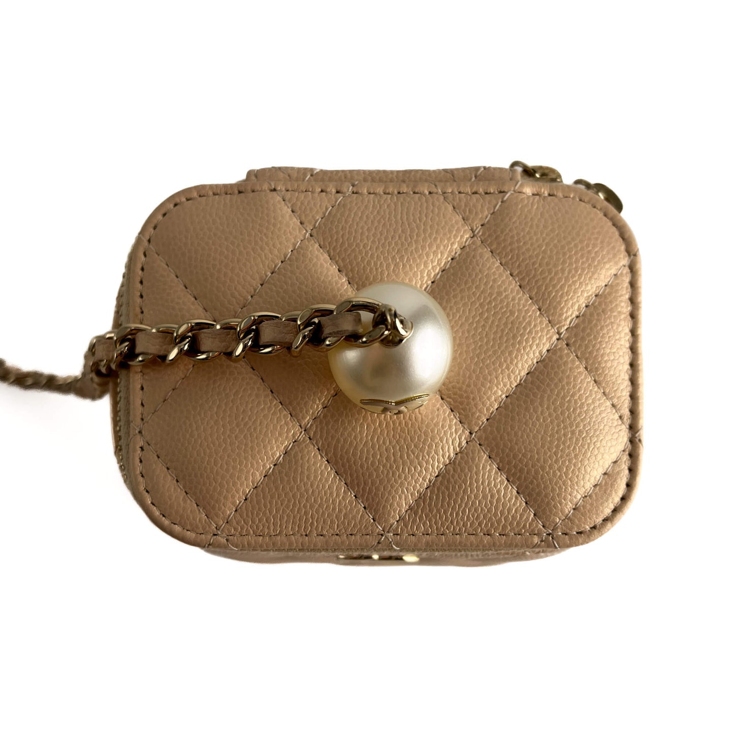 Second hand Chanel Vanity Case Mini Caviar Leather Pearl Charm Quilted Handbag Champagne Gold - tone - Tabita Bags