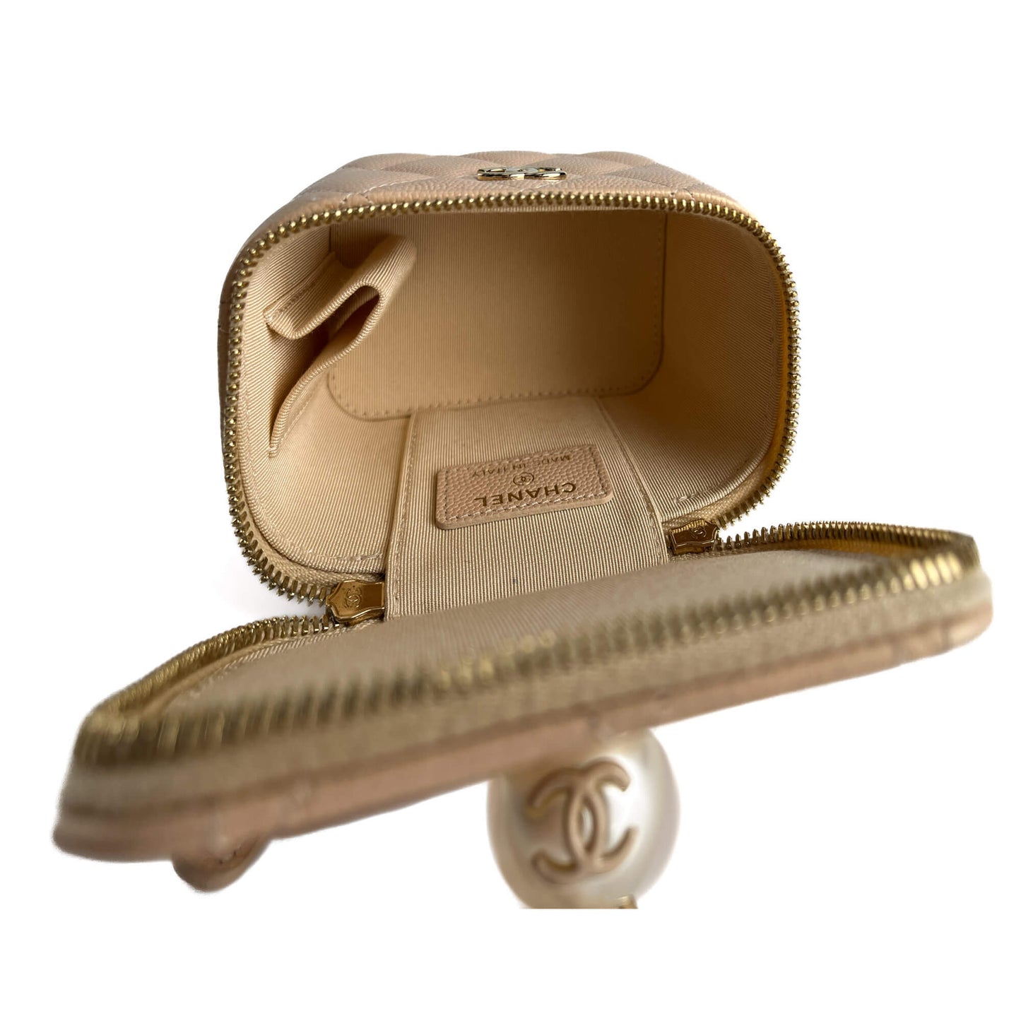 Second hand Chanel Vanity Case Mini Caviar Leather Pearl Charm Quilted Handbag Champagne Gold - tone - Tabita Bags