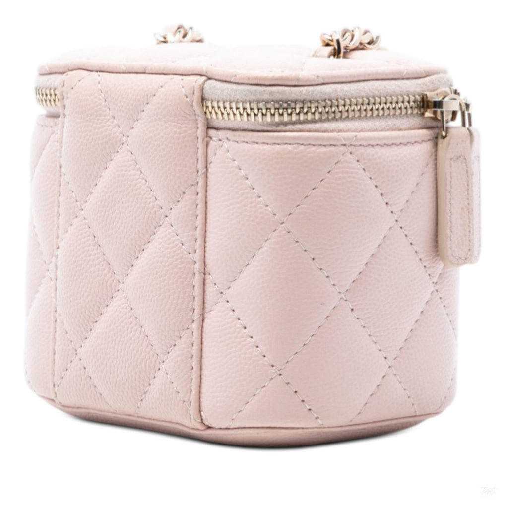 Second hand Chanel Vanity Case Mini Caviar Leather Pearl Charm Quilted Handbag Pink - Tabita Bags