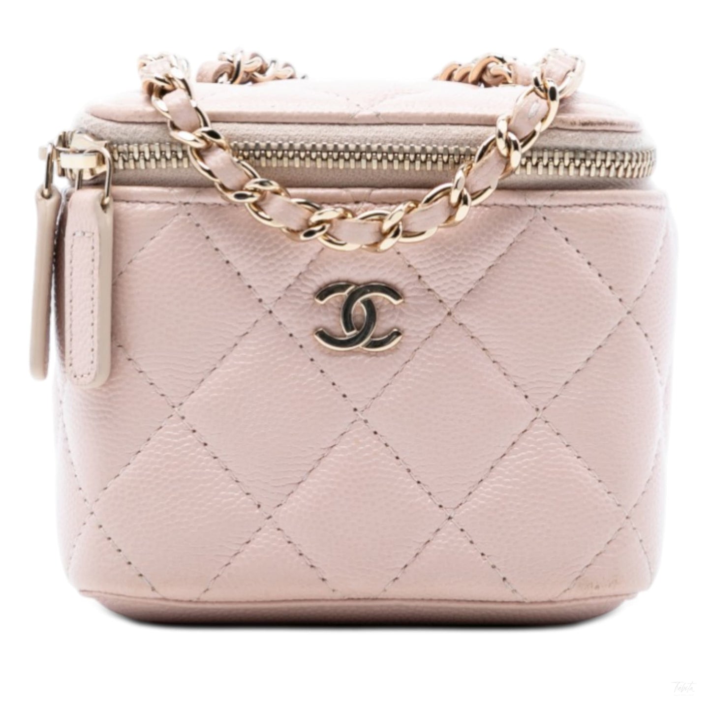 Second hand Chanel Vanity Case Mini Caviar Leather Pearl Charm Quilted Handbag Pink - Tabita Bags