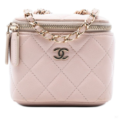 Second hand Chanel Vanity Case Mini Caviar Leather Pearl Charm Quilted Handbag Pink - Tabita Bags