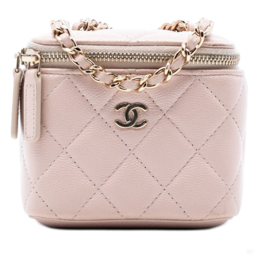 Second hand Chanel Vanity Case Mini Caviar Leather Pearl Charm Quilted Handbag Pink - Tabita Bags