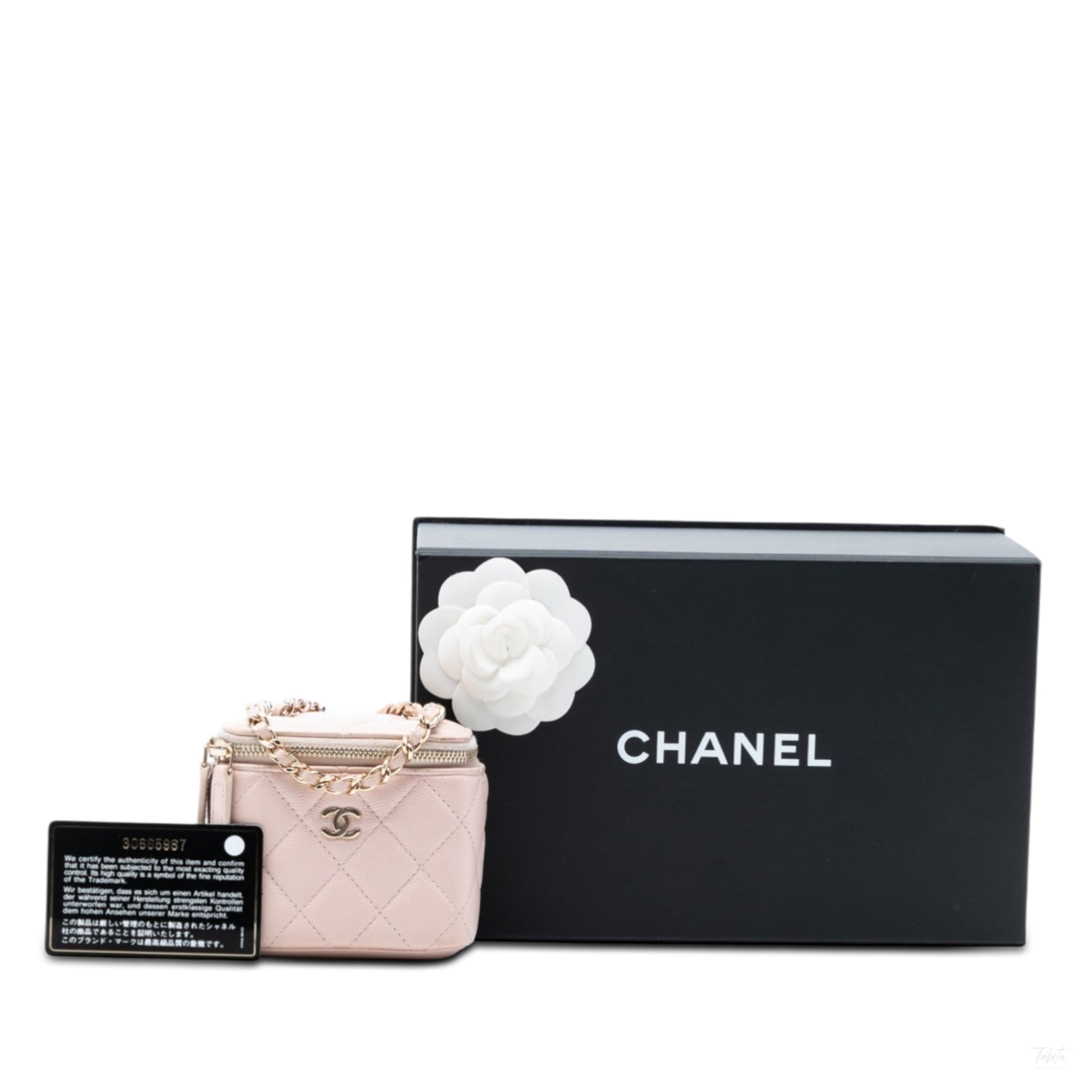 Second hand Chanel Vanity Case Mini Caviar Leather Pearl Charm Quilted Handbag Pink - Tabita Bags