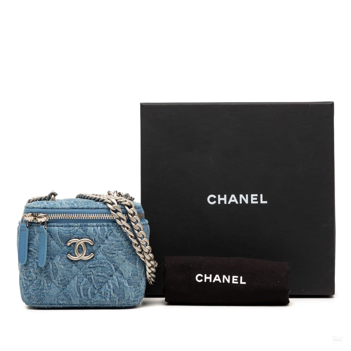Second hand Chanel Vanity Case Mini Denim Camellia Sweetheart Quilted Handbag Blue - Tabita Bags