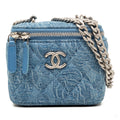 Second hand Chanel Vanity Case Mini Denim Camellia Sweetheart Quilted Handbag Blue - Tabita Bags