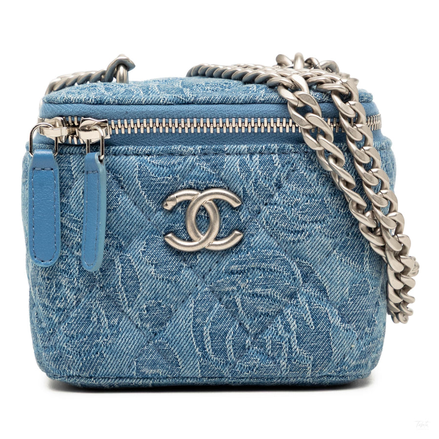 Second hand Chanel Vanity Case Mini Denim Camellia Sweetheart Quilted Handbag Blue - Tabita Bags