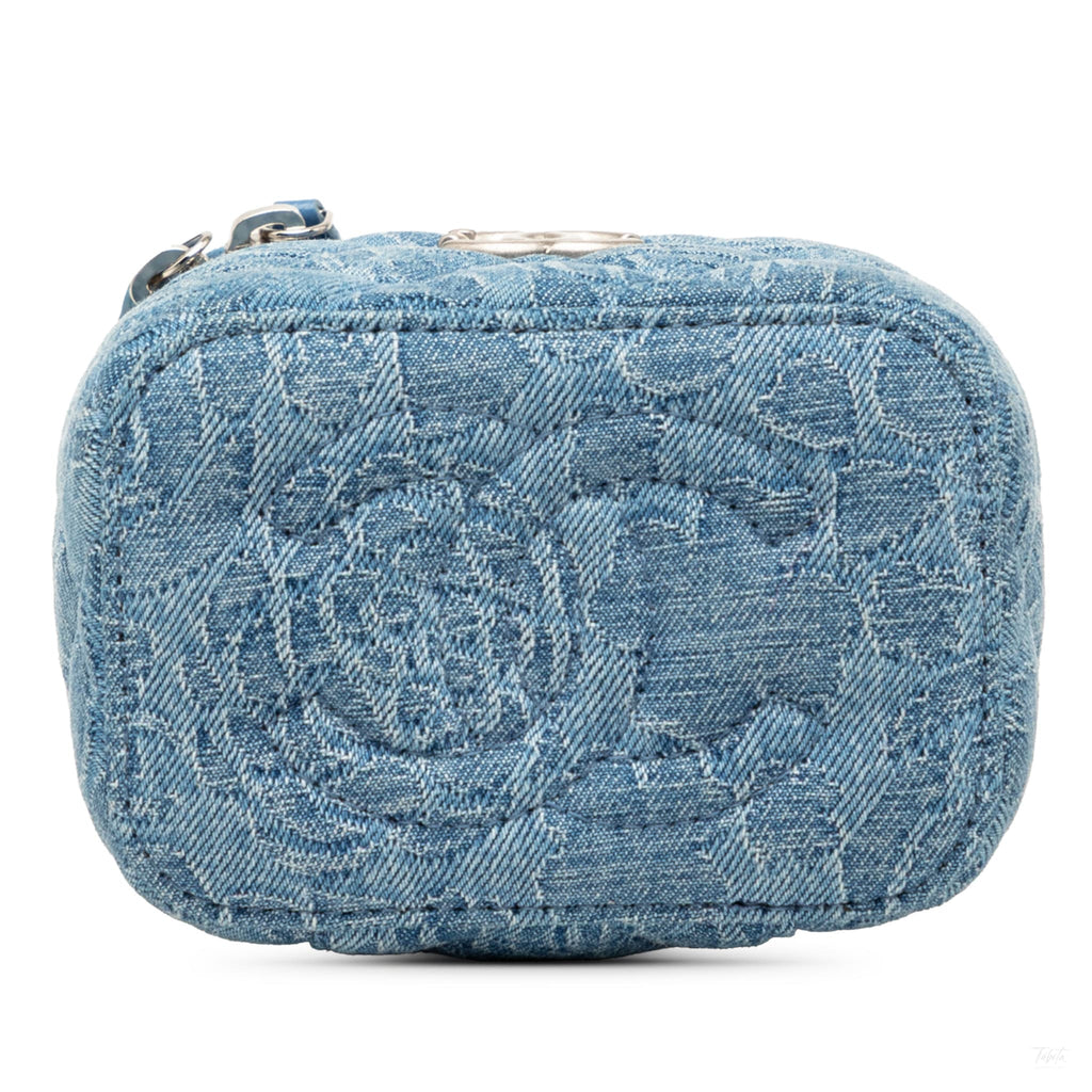 Second hand Chanel Vanity Case Mini Denim Camellia Sweetheart Quilted Handbag Blue - Tabita Bags