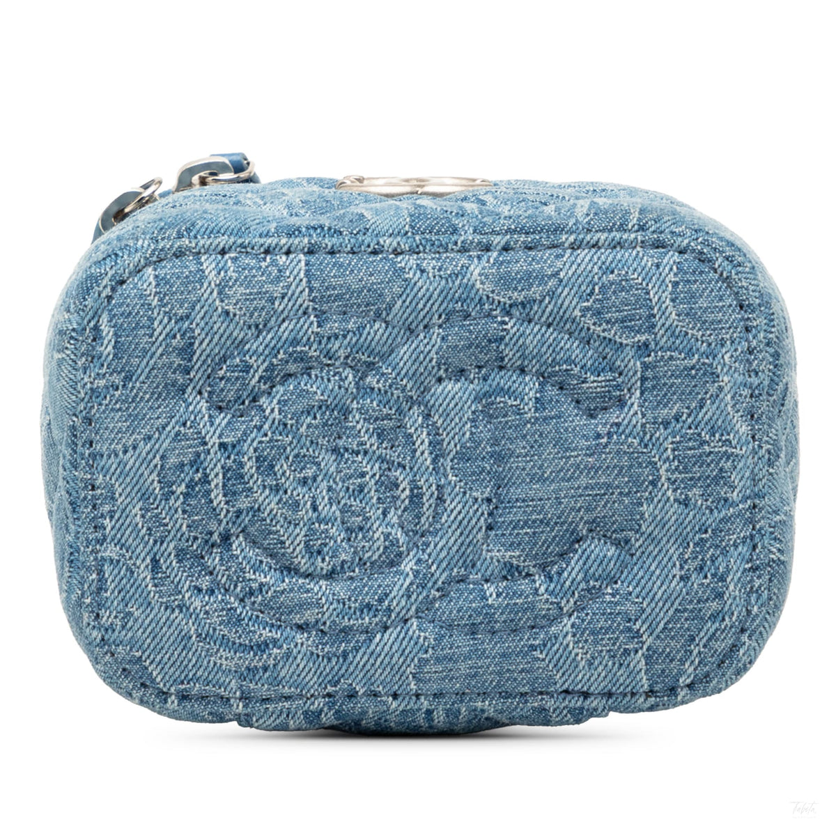 Second hand Chanel Vanity Case Mini Denim Camellia Sweetheart Quilted Handbag Blue - Tabita Bags