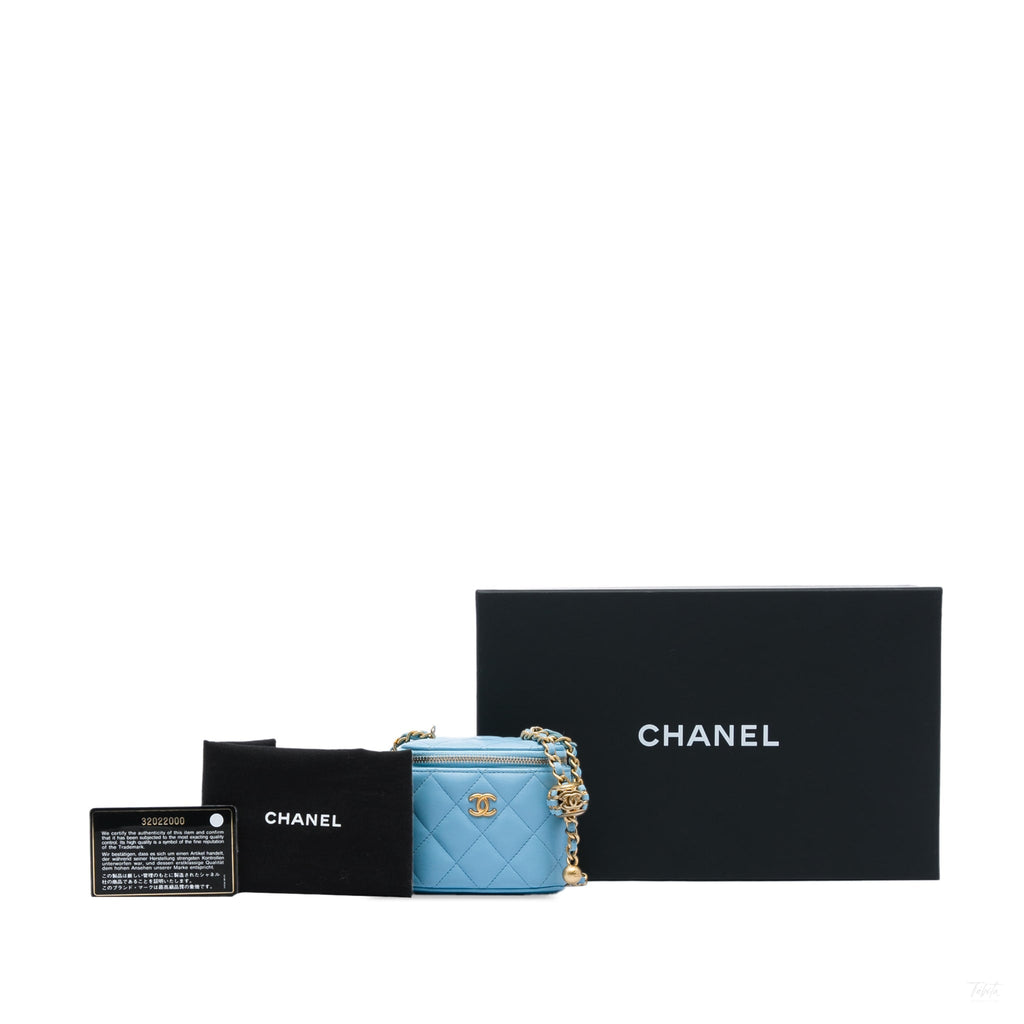 Second hand Chanel Vanity Case Mini Lambskin Leather Pearl Charm Quilted Handbag Blue - Tabita Bags