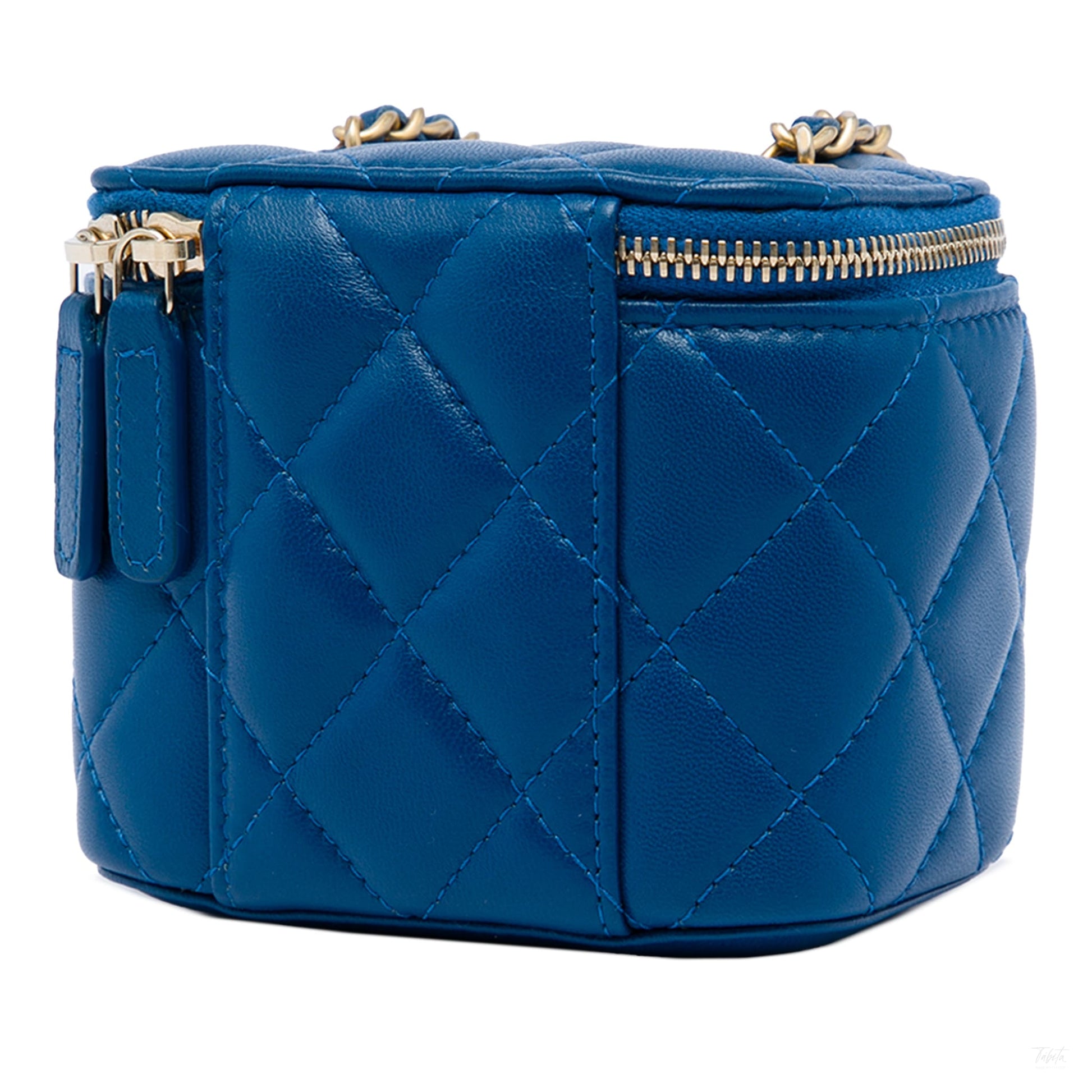 Second hand Chanel Vanity Case Mini Lambskin Leather Pearl Charm Quilted Handbag Blue - Tabita Bags