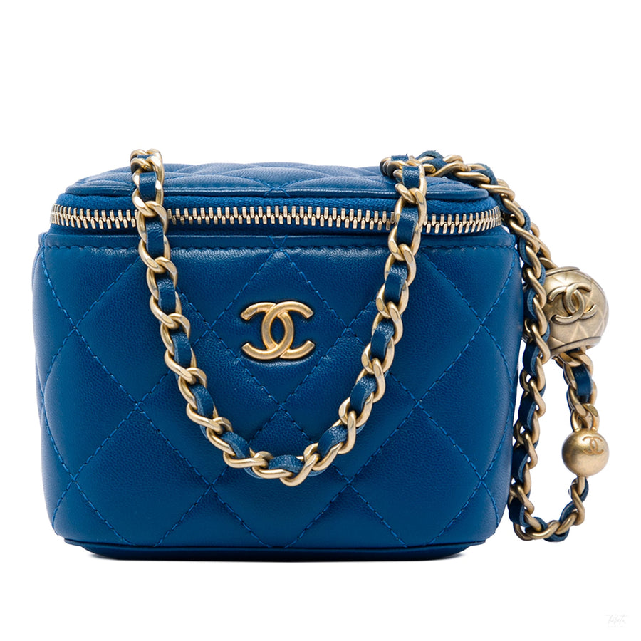 Second hand Chanel Vanity Case Mini Lambskin Leather Pearl Charm Quilted Handbag Blue - Tabita Bags