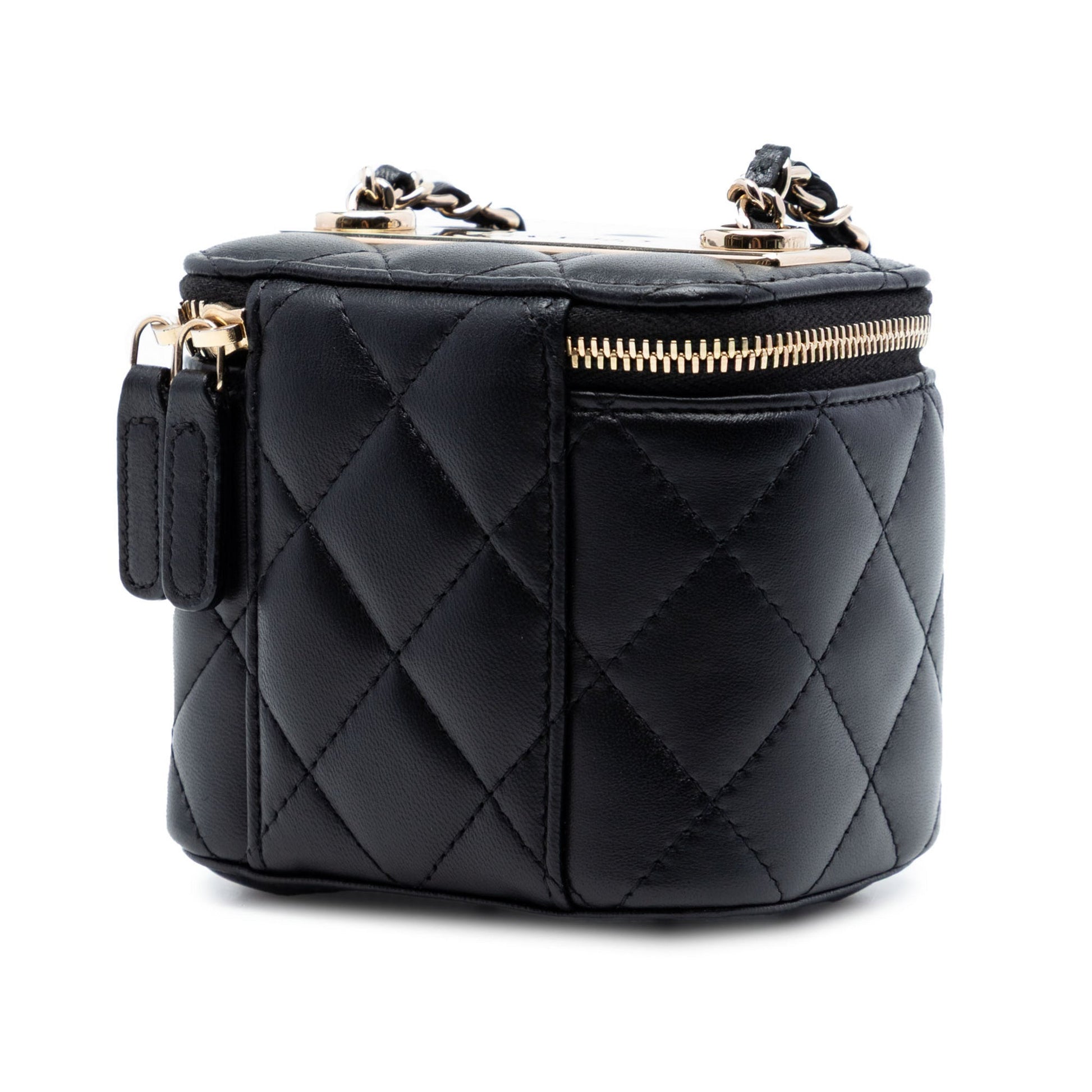 Second hand Chanel Vanity Case Mini Lambskin Leather Quilted Handbag Black - Tabita Bags