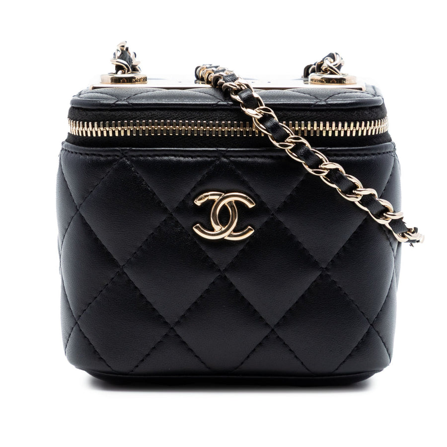 Second hand Chanel Vanity Case Mini Lambskin Leather Quilted Handbag Black - Tabita Bags