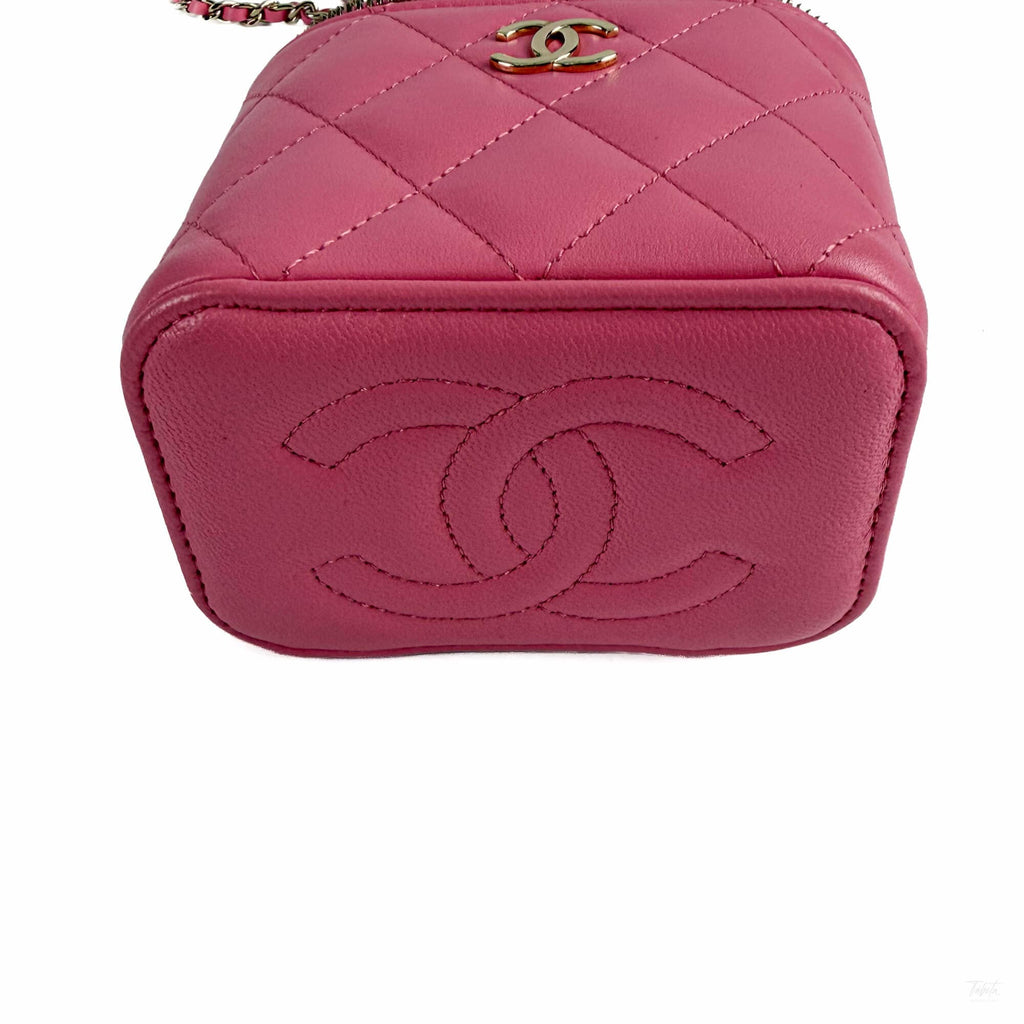 Second hand Chanel Vanity Case Mini Lambskin Leather Quilted Handbag Pink - Tabita Bags