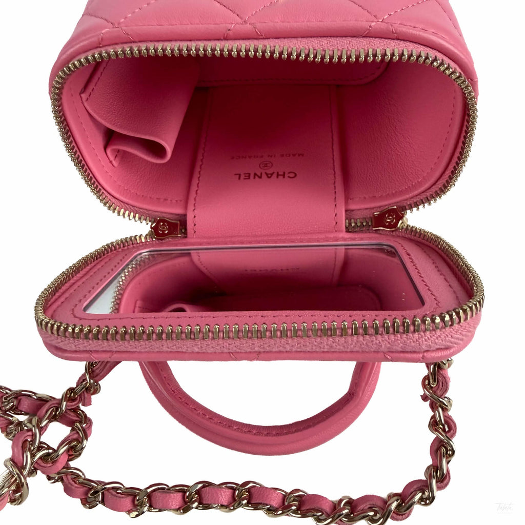 Second hand Chanel Vanity Case Mini Lambskin Leather Quilted Handbag Pink - Tabita Bags