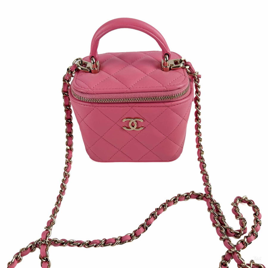 Second hand Chanel Vanity Case Mini Lambskin Leather Quilted Handbag Pink - Tabita Bags