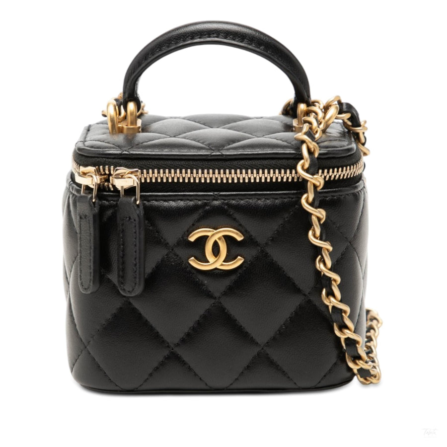 Second hand Chanel Vanity Case Mini Lambskin Leather Quilted Top-handle Handbag Black - Tabita Bags