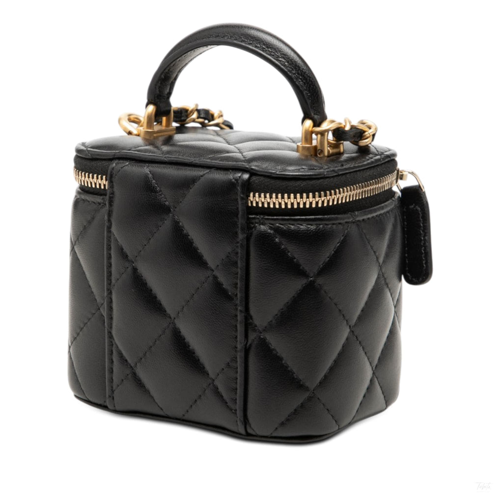 Second hand Chanel Vanity Case Mini Lambskin Leather Quilted Top-handle Handbag Black - Tabita Bags