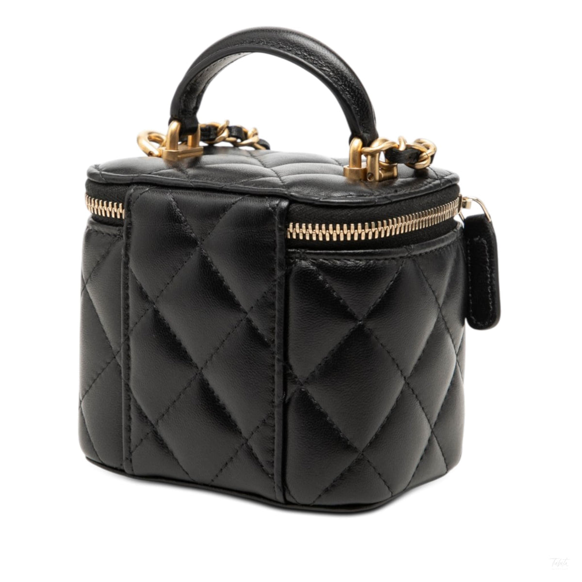 Second hand Chanel Vanity Case Mini Lambskin Leather Quilted Top-handle Handbag Black - Tabita Bags