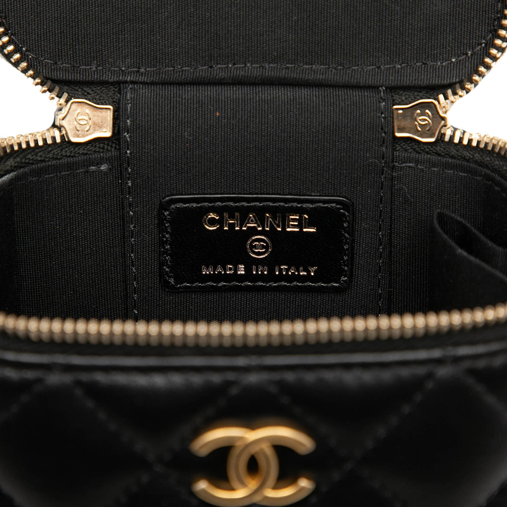 Second hand Chanel Vanity Case Mini Lambskin Leather Quilted Top-handle Handbag Black - Tabita Bags