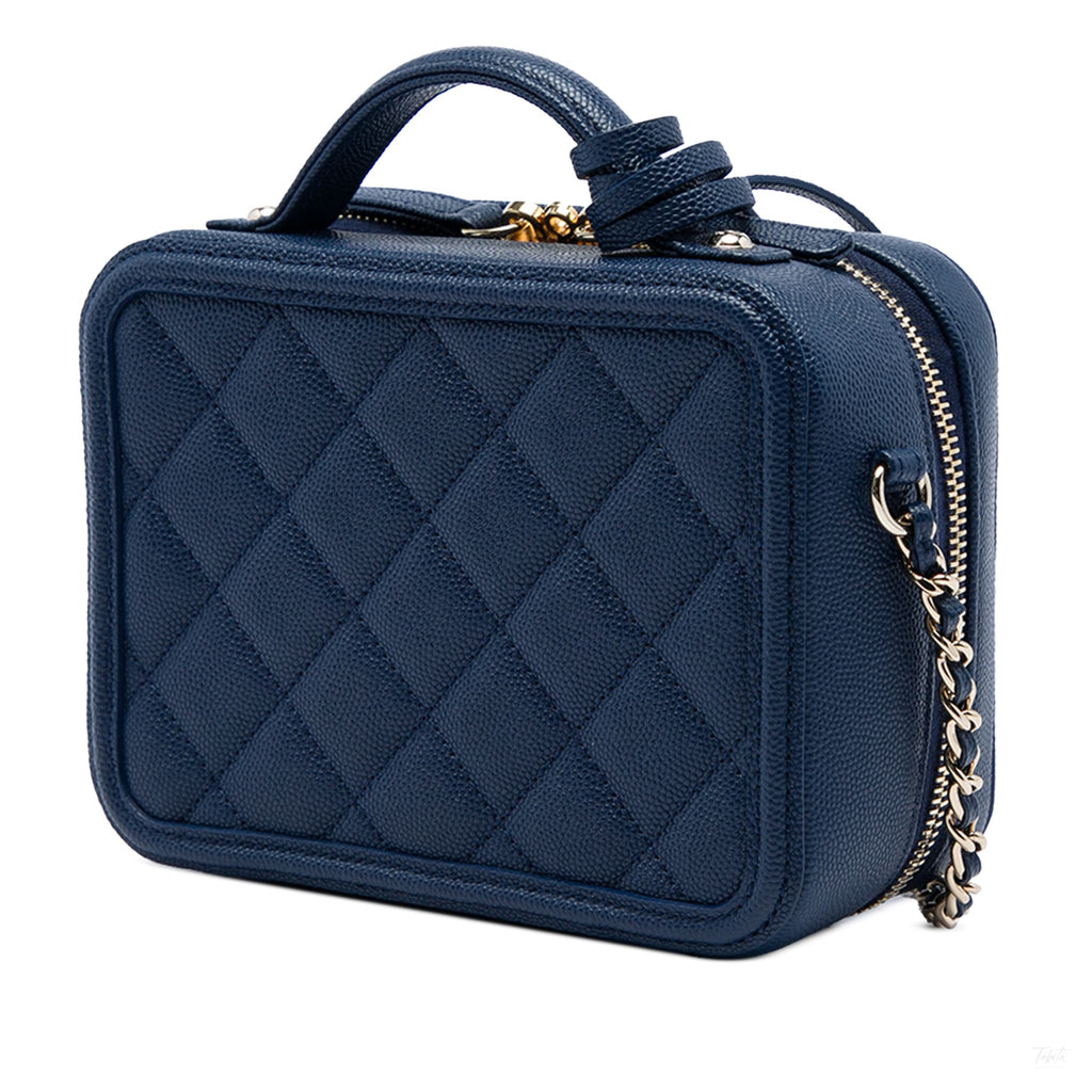 Second hand Chanel Vanity Case Small Caviar Leather CC Filigree Quilted Camera Crossbody Blue - Tabita Bags