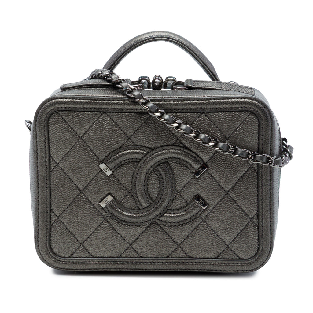 Second hand Chanel Vanity Case Small Caviar Leather CC Filigree Quilted Camera Crossbody Grey - Tabita Bags